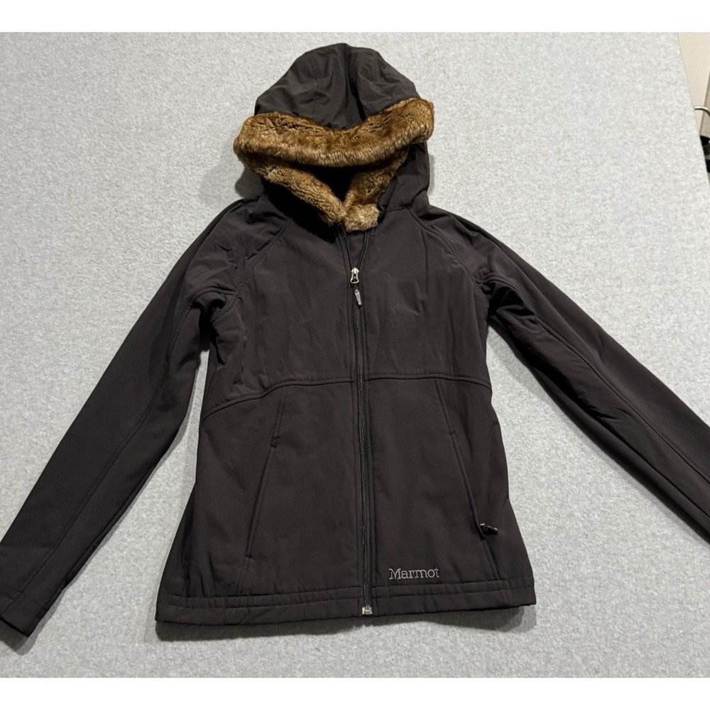 Marmot Micro Fleece Jacket Womens M Black w/ Brown Faux Fur Hooded Jacket